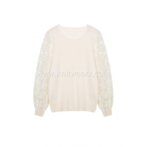 Women's Knitted Sequin Lacework Crew-Neck Pullover